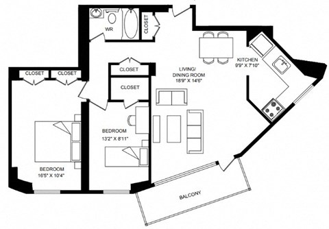 Floor plan for 2 beds, 1 bath, 921 sqft